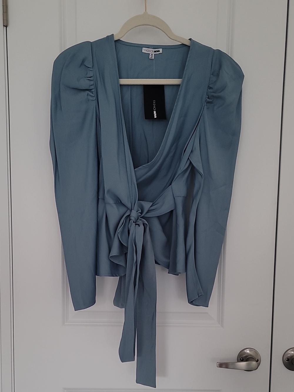 Fashion Nova - Dusty Blue Wrap Tie-Front Blouse